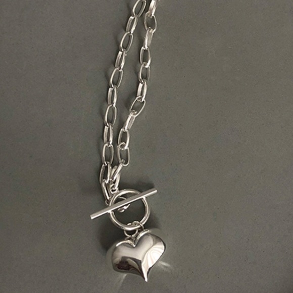 925 Sterling Sliver Chunky Toggle Heart Necklace - Picture 3 of 7